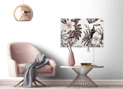 Livingwalls Leinwand, Hibiskusblüten, Tukan, 90x60 cm DD120268