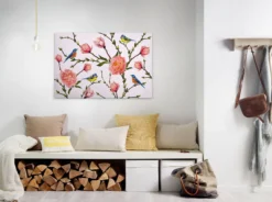 Livingwalls Leinwand, Pfingstrose, Vögel, 90x60 cm DD120262