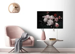 Livingwalls Leinwand, Pfingstrosen, Dunkler Hintergrund mit Blüten, 90x60 cm DD120256